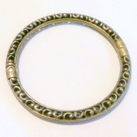 Ornate Boho Inspired Open Work Hinged Silver Tone Bangle Bracelet - Picture 2 of 4